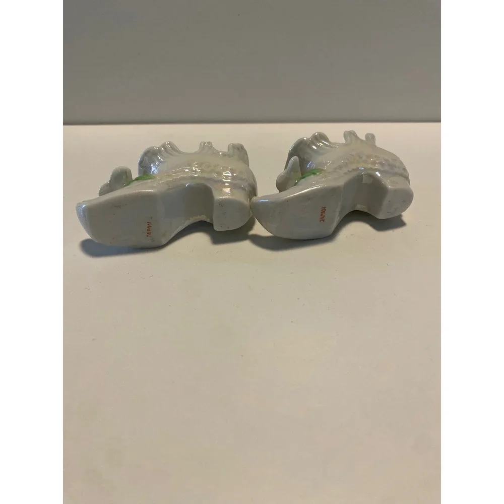 Ceramic Shoe Figurines with Violet Flowers,‎ Iridescent Glaze, Decorative Pair